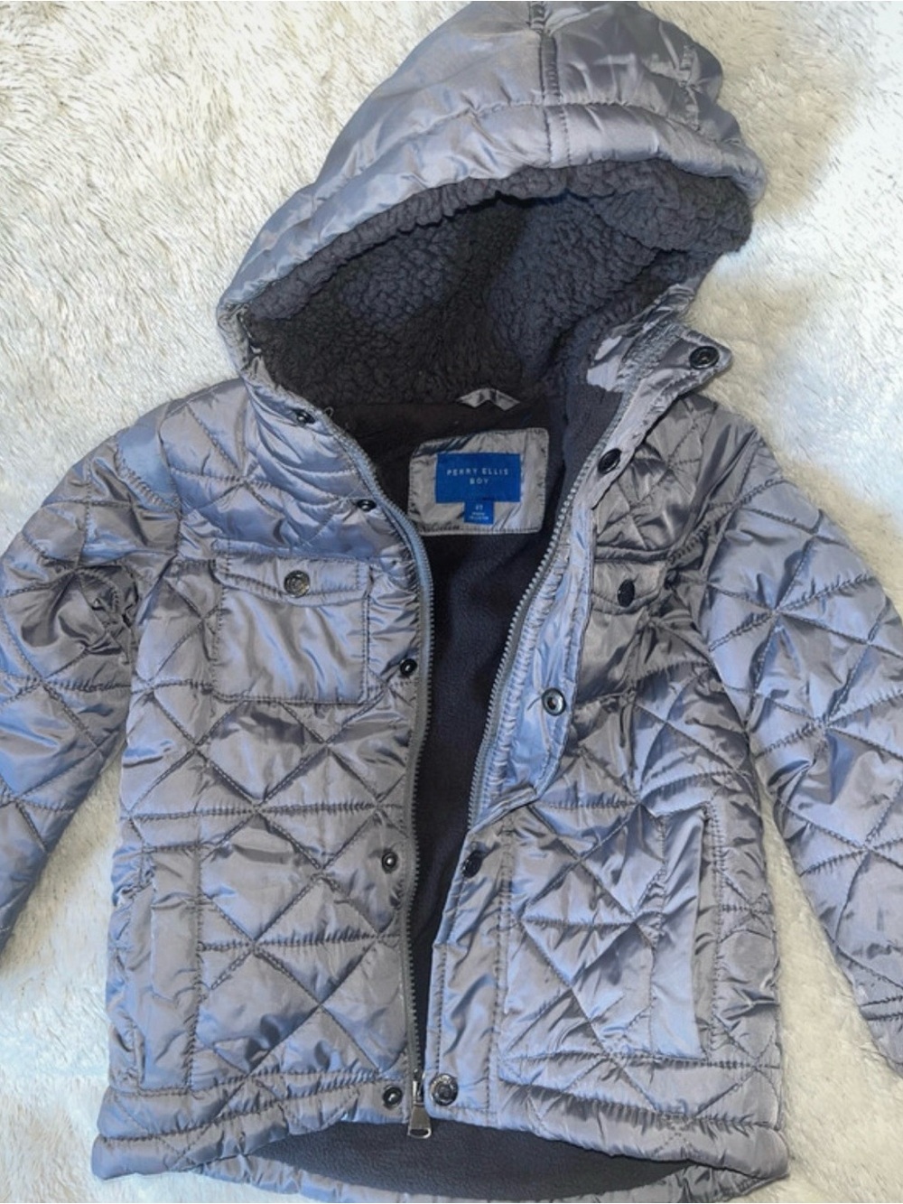 Boys Perry Ellis  Gray Quilted Hooded Jacket for Kids